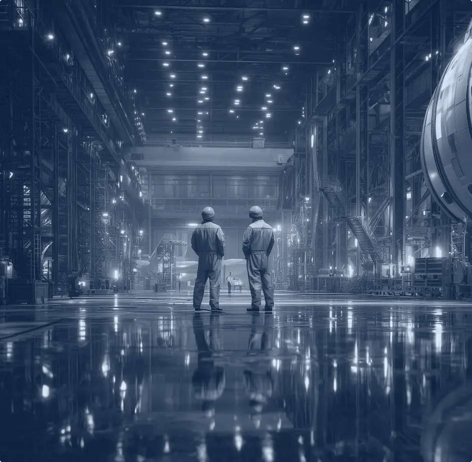 des hommes contemplent un avion dans un hangar