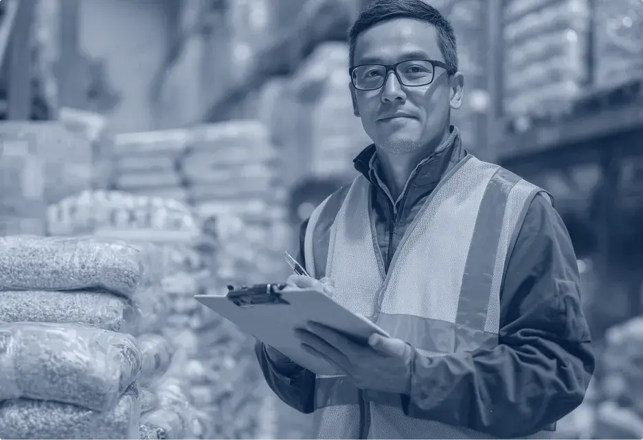 un employé de l'agroalimentaire tient un bloc note dans un entrepôt et regarde l'objectif